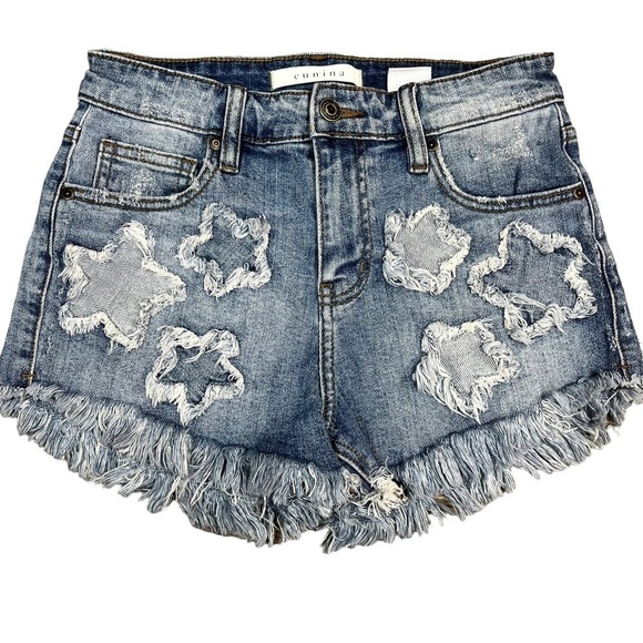 Eunina Blue Jean Shorts XS Lulu High Rise Cut Off Shortie Star Patches - Picture 1 of 7